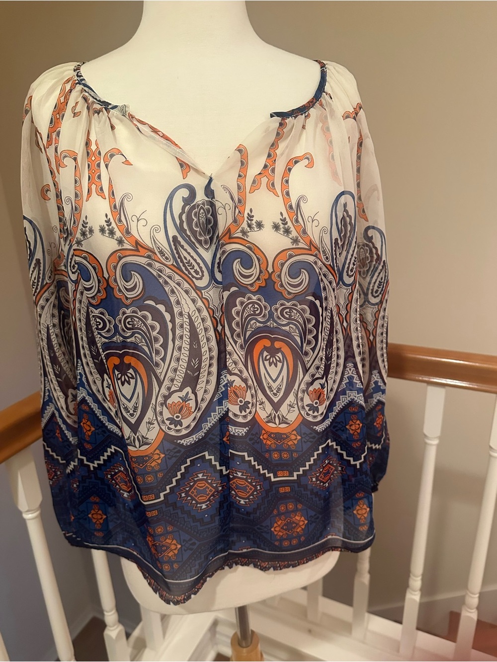 Boho Paisley Peasant Blouse - Navy and Orange